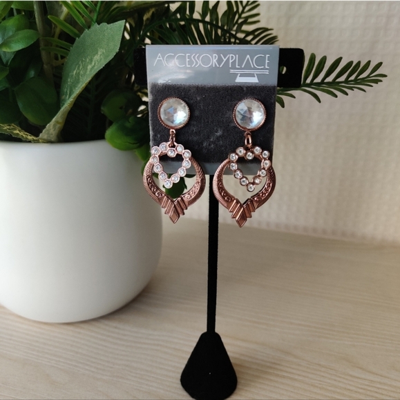 💰Accessory Place Bronze Tone with Clear Rhinestones Drop Earrings - Picture 2 of 7